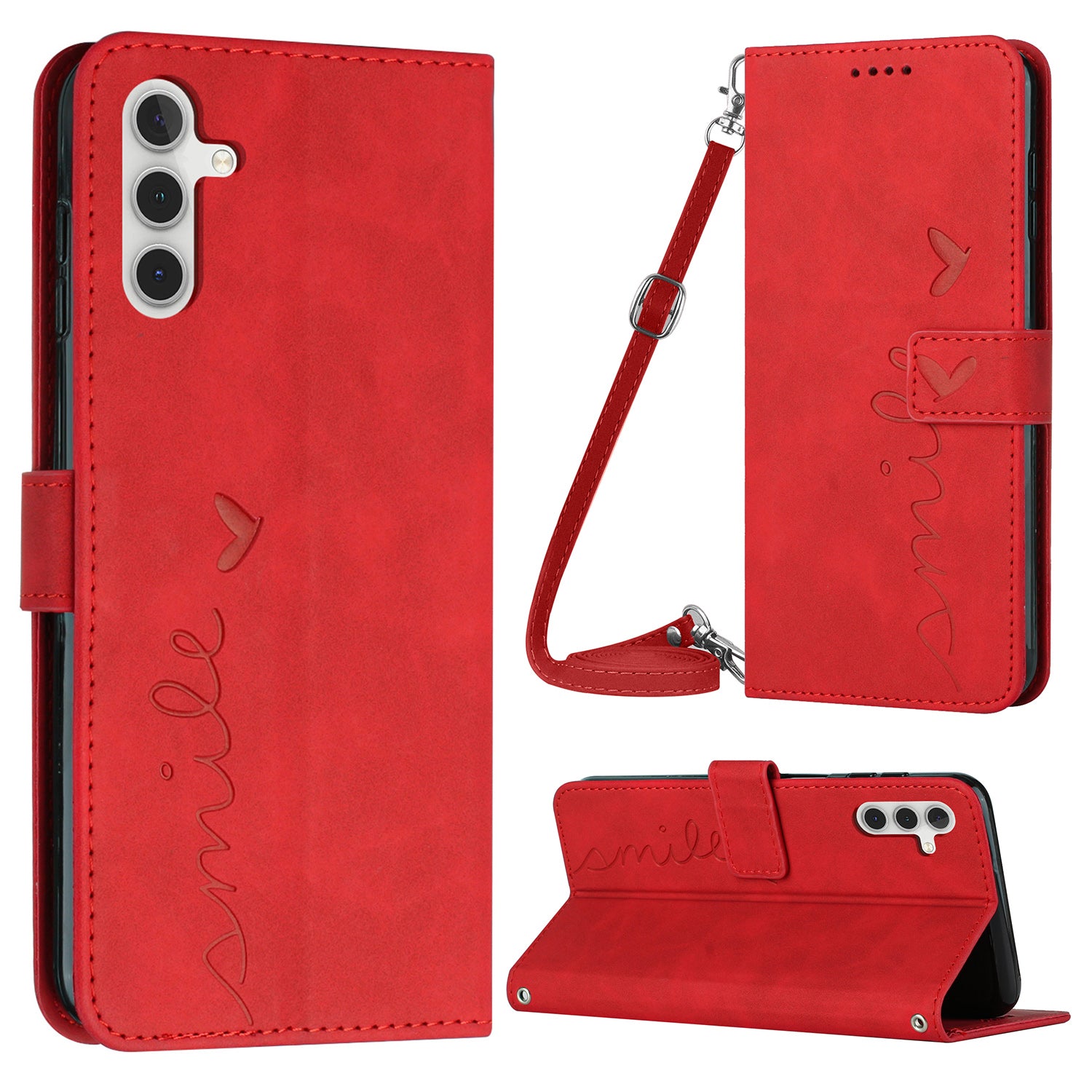 For Samsung Galaxy A24 4G PU Leather Stand Case Heart Shape Wallet Phone Cover with Shoulder Strap