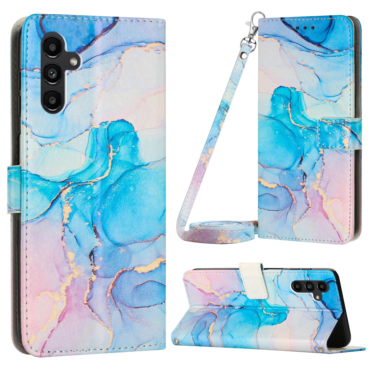 For Samsung Galaxy M14 5G PU Leather Wallet Phone Case Marble Pattern Stand Cover with Shoulder Strap