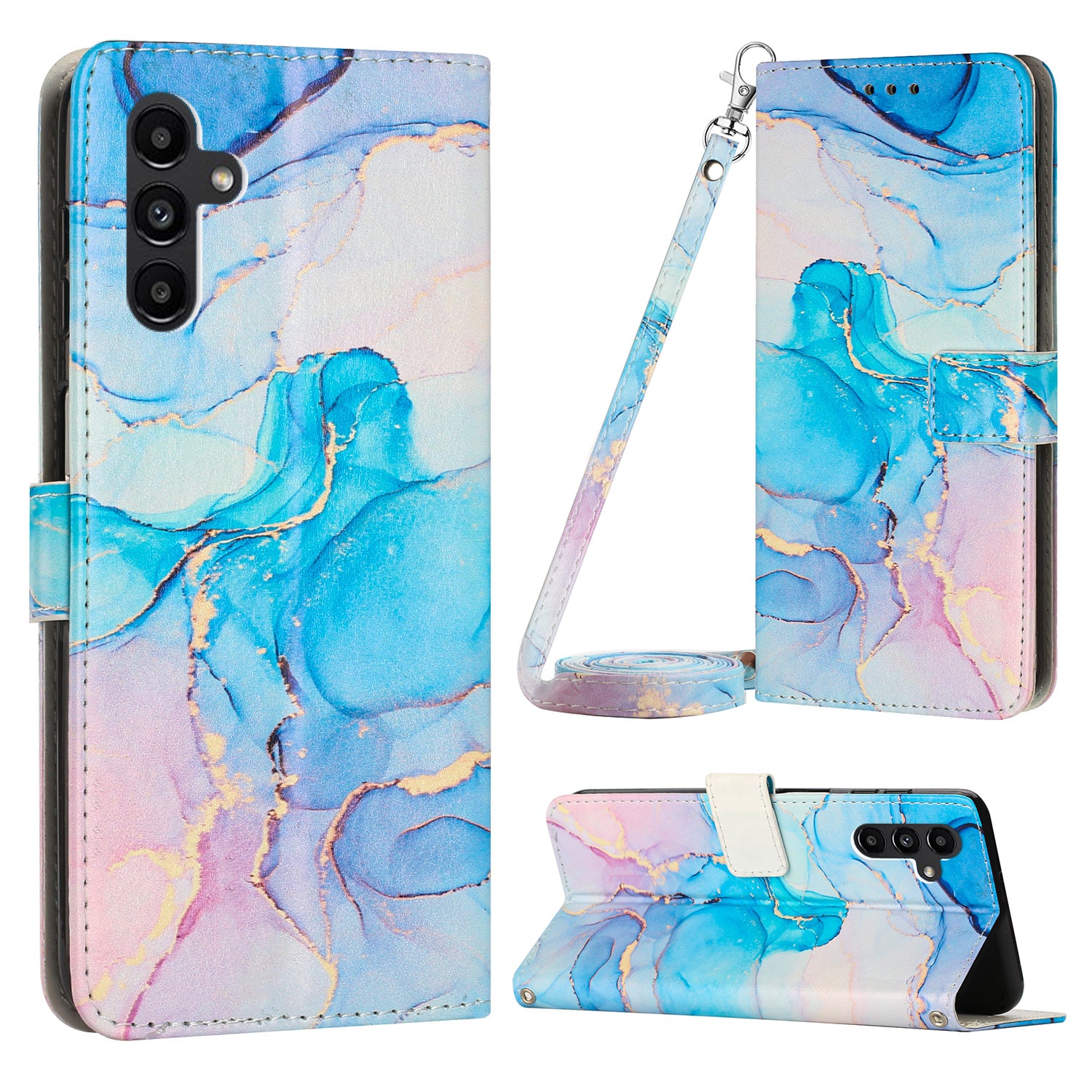 For Samsung Galaxy A24 4G Flip Wallet Cover PU Leather Marble Pattern Stand Phone Case with Shoulder Strap