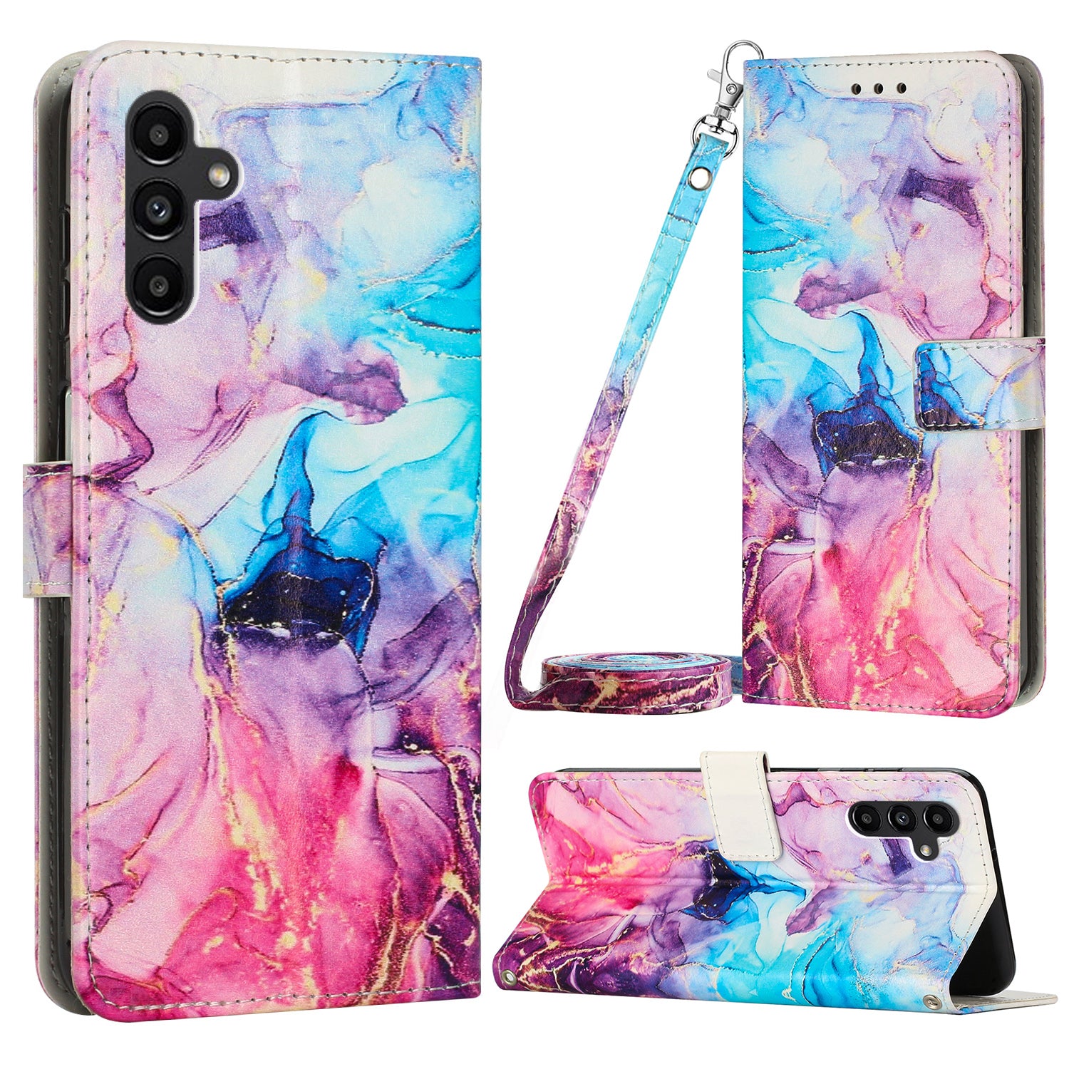 For Samsung Galaxy A24 4G Flip Wallet Cover PU Leather Marble Pattern Stand Phone Case with Shoulder Strap