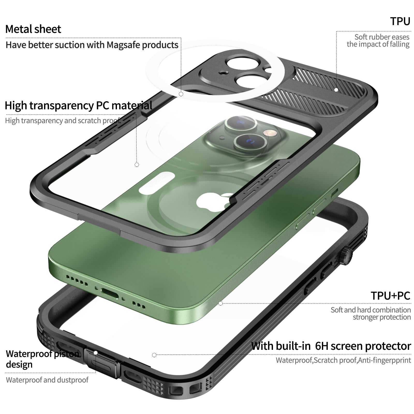 SHELLBOX IP68 Waterproof Case for iPhone 14 Compatible with MagSafe PC+TPU Transparent Back Phone Cover