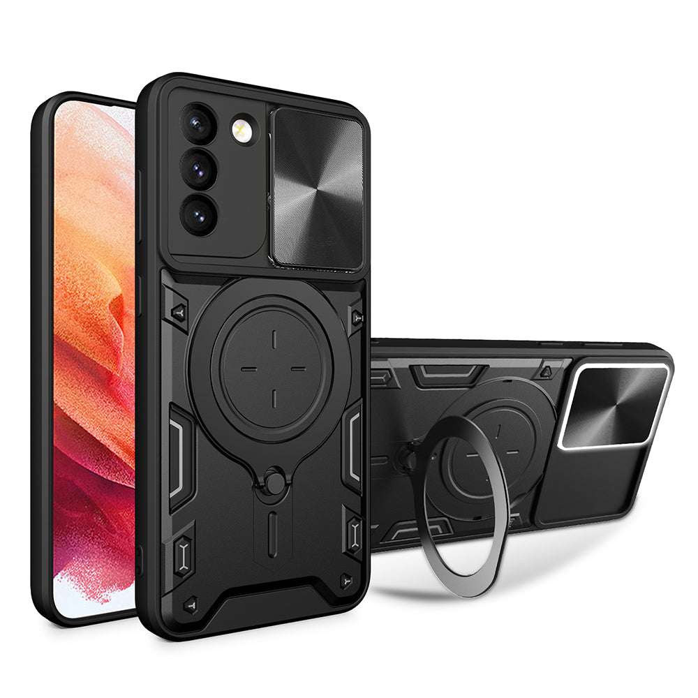 For Samsung Galaxy S21 5G Rotatable Ring Kickstand Cover PC TPU Phone Case with Slide Camera Lid