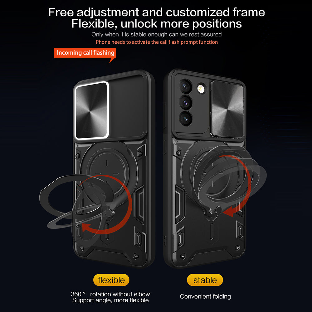 For Samsung Galaxy S21 5G Rotatable Ring Kickstand Cover PC TPU Phone Case with Slide Camera Lid