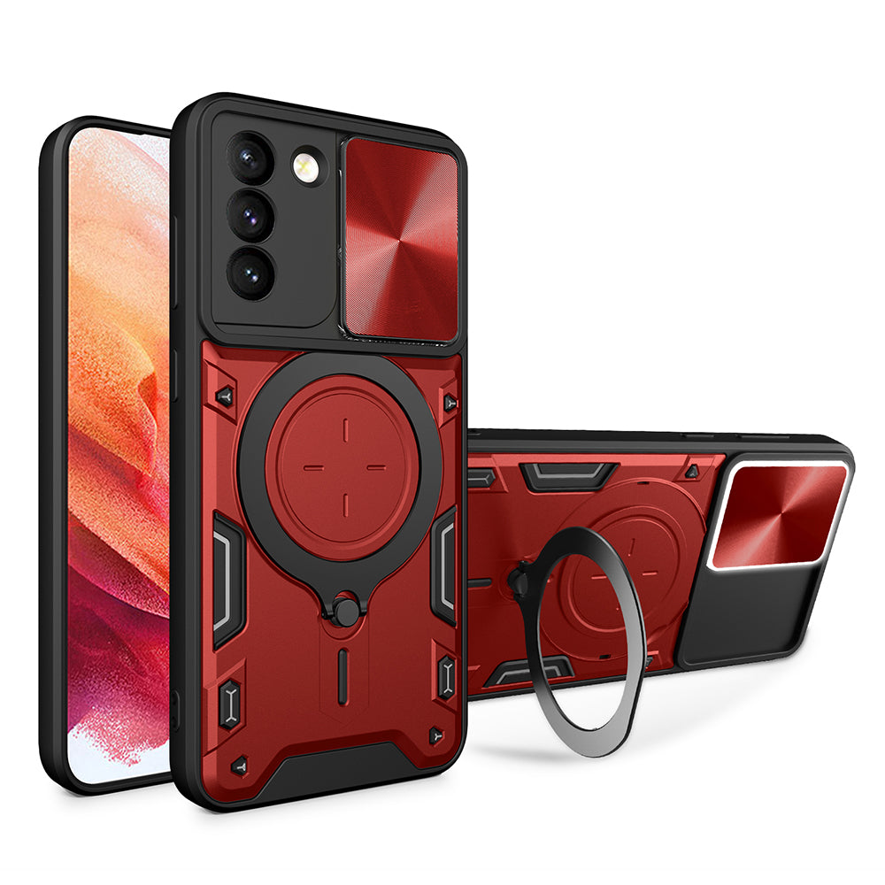 For Samsung Galaxy S21 5G Rotatable Ring Kickstand Cover PC TPU Phone Case with Slide Camera Lid
