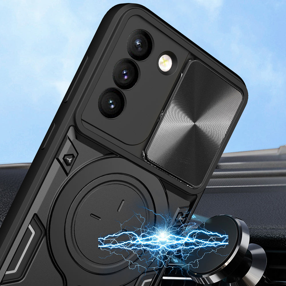 For Samsung Galaxy S21 5G Rotatable Ring Kickstand Cover PC TPU Phone Case with Slide Camera Lid