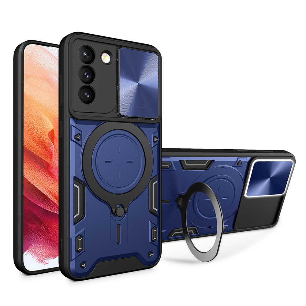 For Samsung Galaxy S21 5G Rotatable Ring Kickstand Cover PC TPU Phone Case with Slide Camera Lid