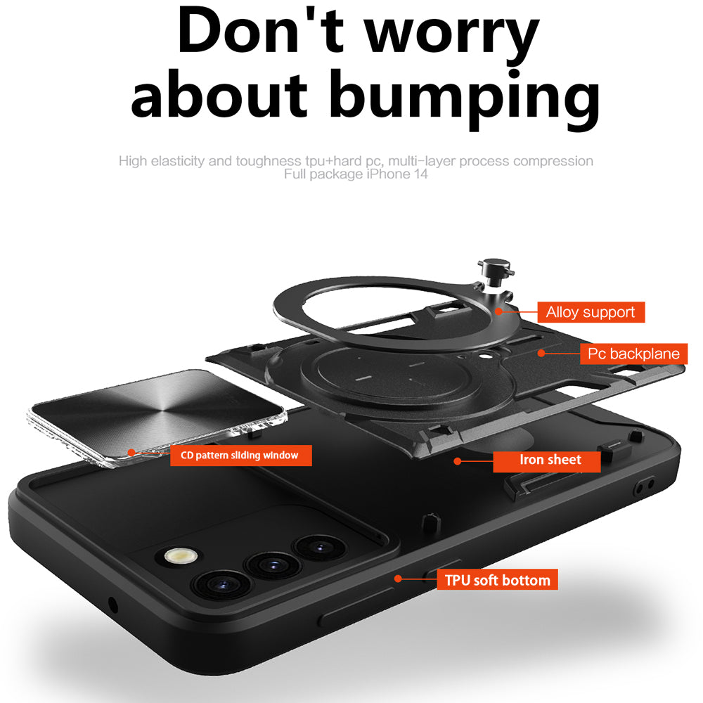 For Samsung Galaxy S21 5G Rotatable Ring Kickstand Cover PC TPU Phone Case with Slide Camera Lid