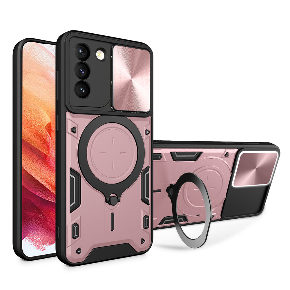 For Samsung Galaxy S21 5G Rotatable Ring Kickstand Cover PC TPU Phone Case with Slide Camera Lid