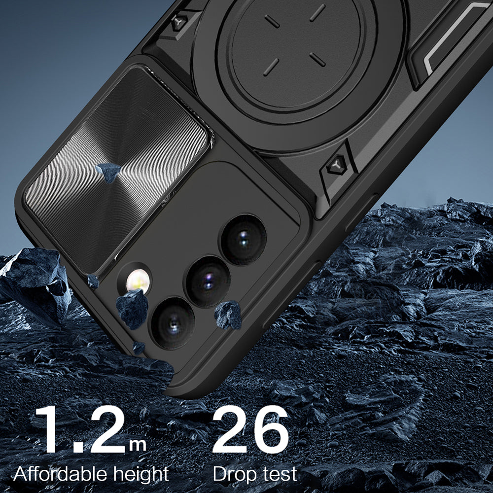 For Samsung Galaxy S21 5G Rotatable Ring Kickstand Cover PC TPU Phone Case with Slide Camera Lid