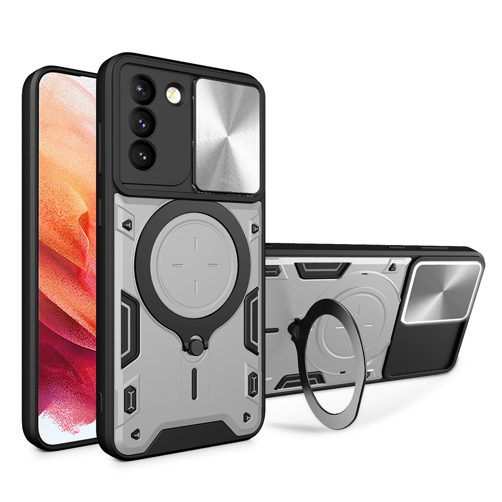 For Samsung Galaxy S21 5G Rotatable Ring Kickstand Cover PC TPU Phone Case with Slide Camera Lid