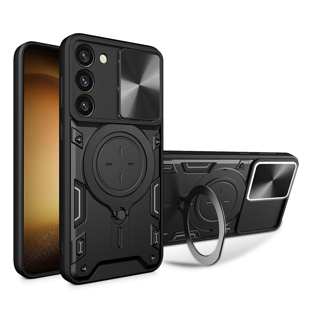For Samsung Galaxy S23 PC TPU Phone Case Rotatable Ring Kickstand Back Cover with Slide Camera Lid