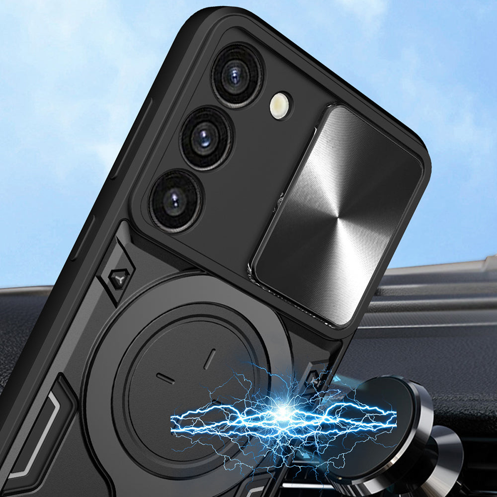 For Samsung Galaxy S23 PC TPU Phone Case Rotatable Ring Kickstand Back Cover with Slide Camera Lid