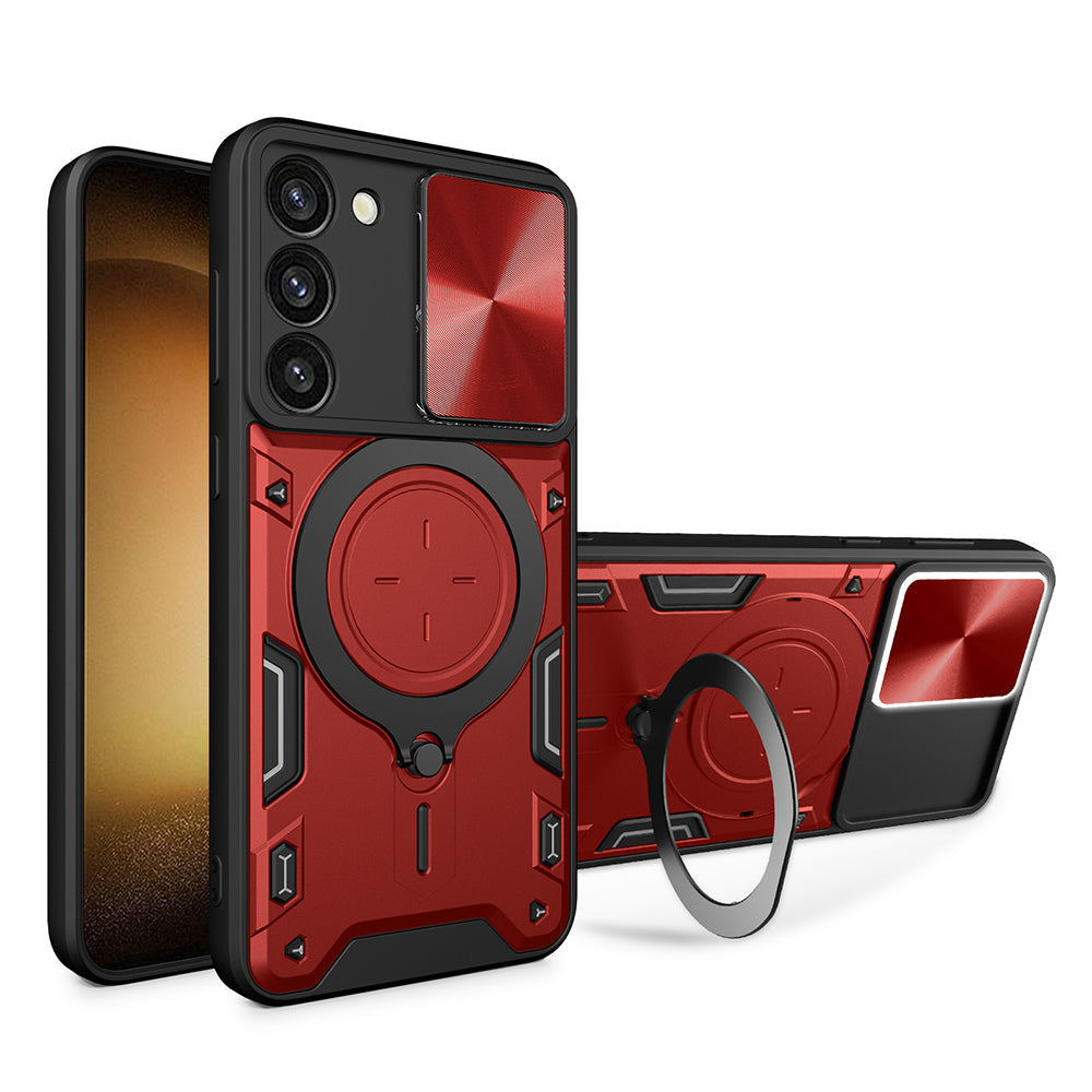 For Samsung Galaxy S23 PC TPU Phone Case Rotatable Ring Kickstand Back Cover with Slide Camera Lid