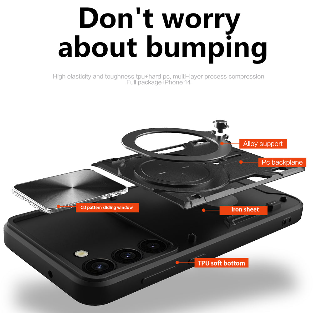For Samsung Galaxy S23 PC TPU Phone Case Rotatable Ring Kickstand Back Cover with Slide Camera Lid