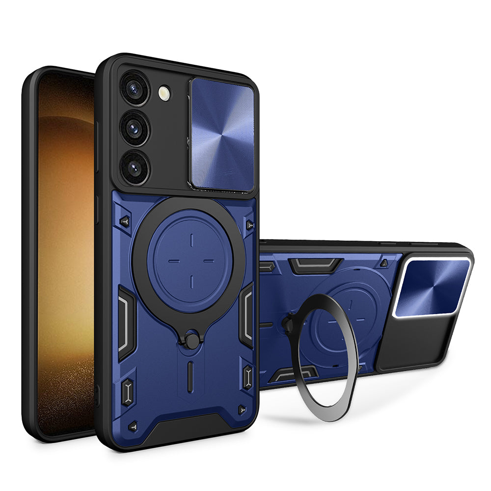 For Samsung Galaxy S23 PC TPU Phone Case Rotatable Ring Kickstand Back Cover with Slide Camera Lid