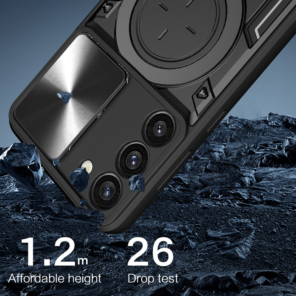 For Samsung Galaxy S23 PC TPU Phone Case Rotatable Ring Kickstand Back Cover with Slide Camera Lid
