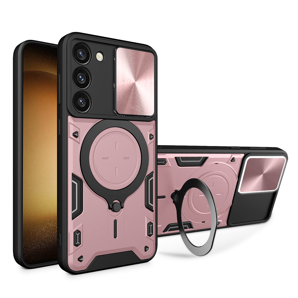 For Samsung Galaxy S23 PC TPU Phone Case Rotatable Ring Kickstand Back Cover with Slide Camera Lid