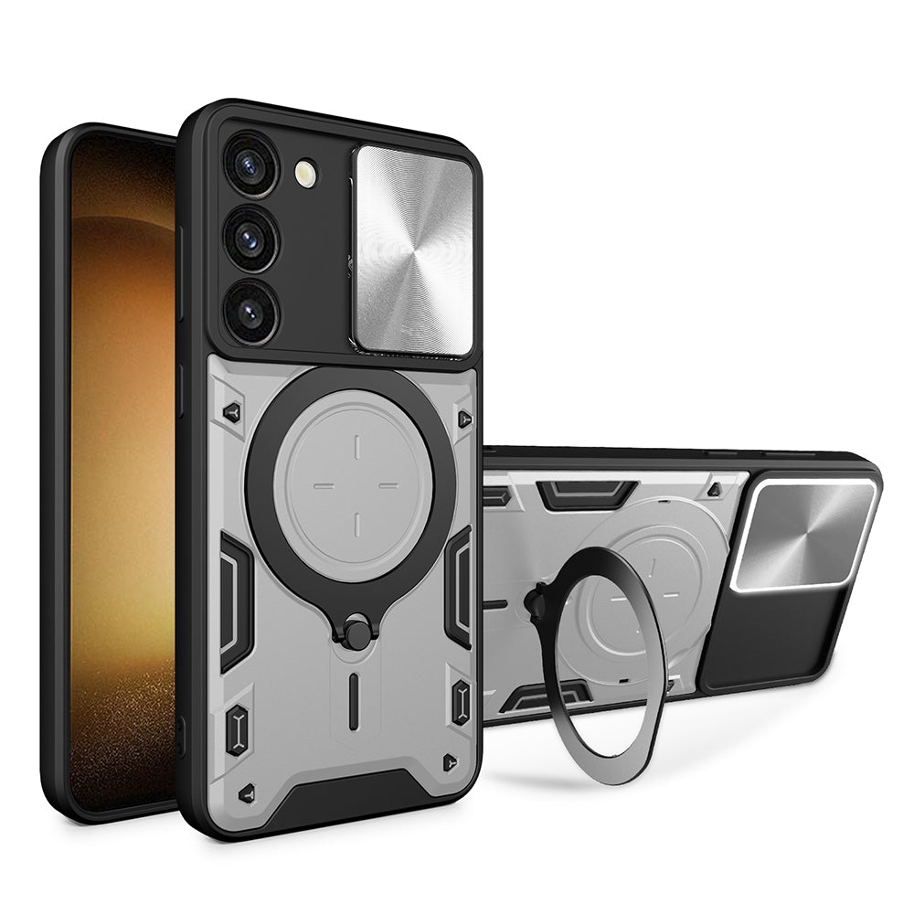 For Samsung Galaxy S23 PC TPU Phone Case Rotatable Ring Kickstand Back Cover with Slide Camera Lid