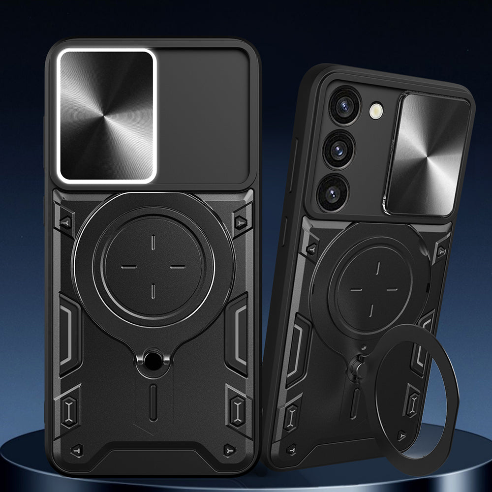 For Samsung Galaxy S23 PC TPU Phone Case Rotatable Ring Kickstand Back Cover with Slide Camera Lid