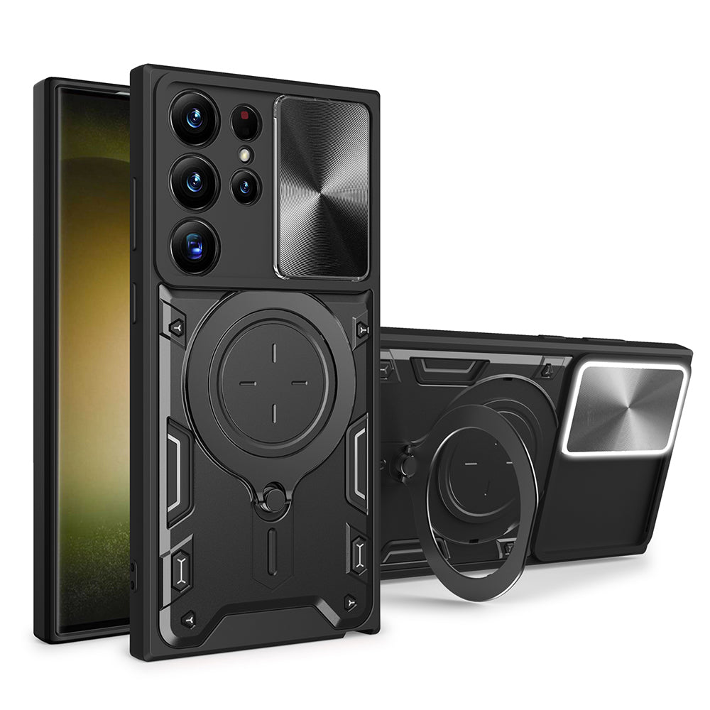 For Samsung Galaxy S22 Ultra 5G Slide Camera Lid PC TPU Back Cover Rotatable Ring Kickstand Phone Case
