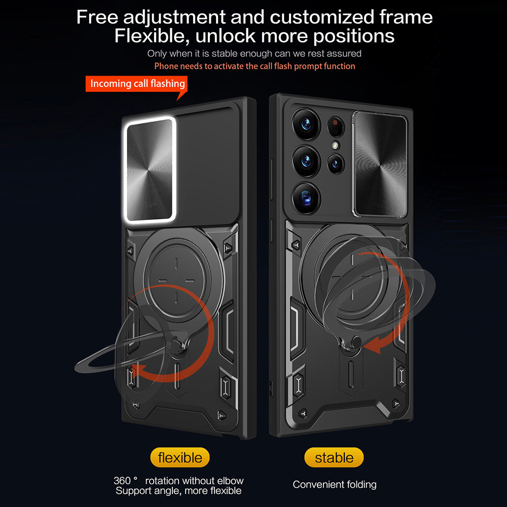 For Samsung Galaxy S22 Ultra 5G Slide Camera Lid PC TPU Back Cover Rotatable Ring Kickstand Phone Case