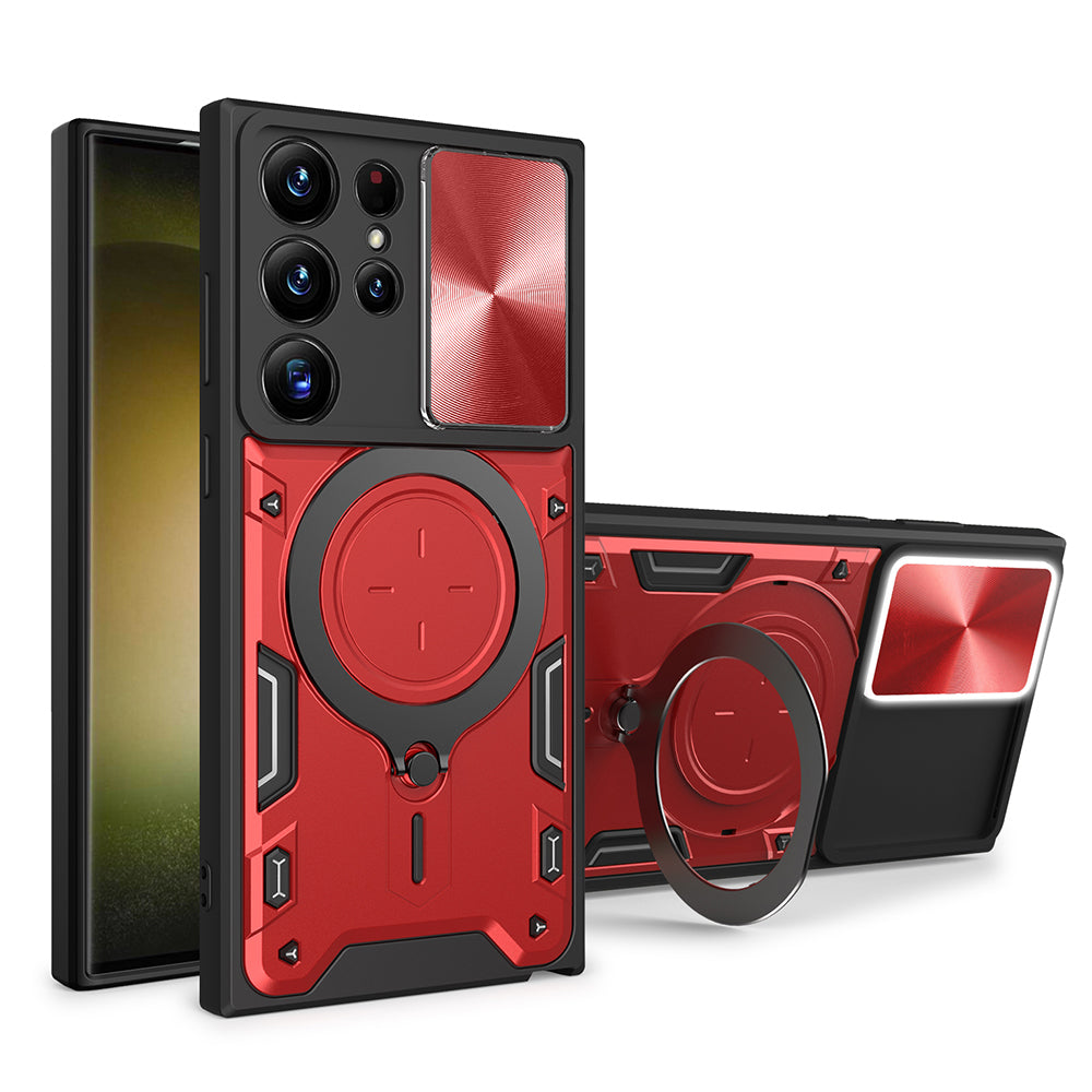 For Samsung Galaxy S22 Ultra 5G Slide Camera Lid PC TPU Back Cover Rotatable Ring Kickstand Phone Case