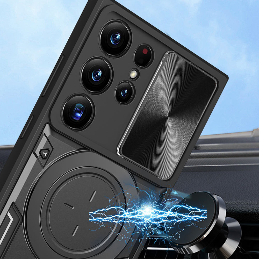 For Samsung Galaxy S22 Ultra 5G Slide Camera Lid PC TPU Back Cover Rotatable Ring Kickstand Phone Case