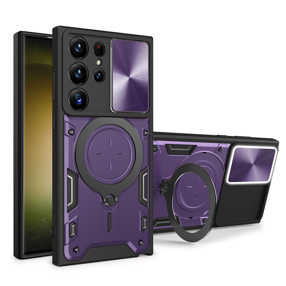 For Samsung Galaxy S22 Ultra 5G Slide Camera Lid PC TPU Back Cover Rotatable Ring Kickstand Phone Case