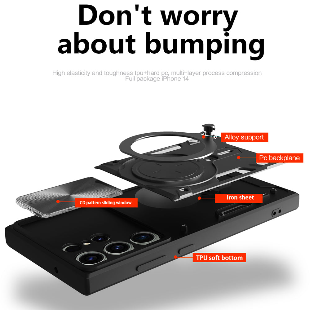 For Samsung Galaxy S22 Ultra 5G Slide Camera Lid PC TPU Back Cover Rotatable Ring Kickstand Phone Case