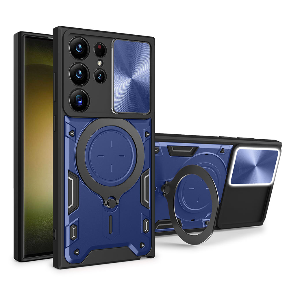 For Samsung Galaxy S22 Ultra 5G Slide Camera Lid PC TPU Back Cover Rotatable Ring Kickstand Phone Case