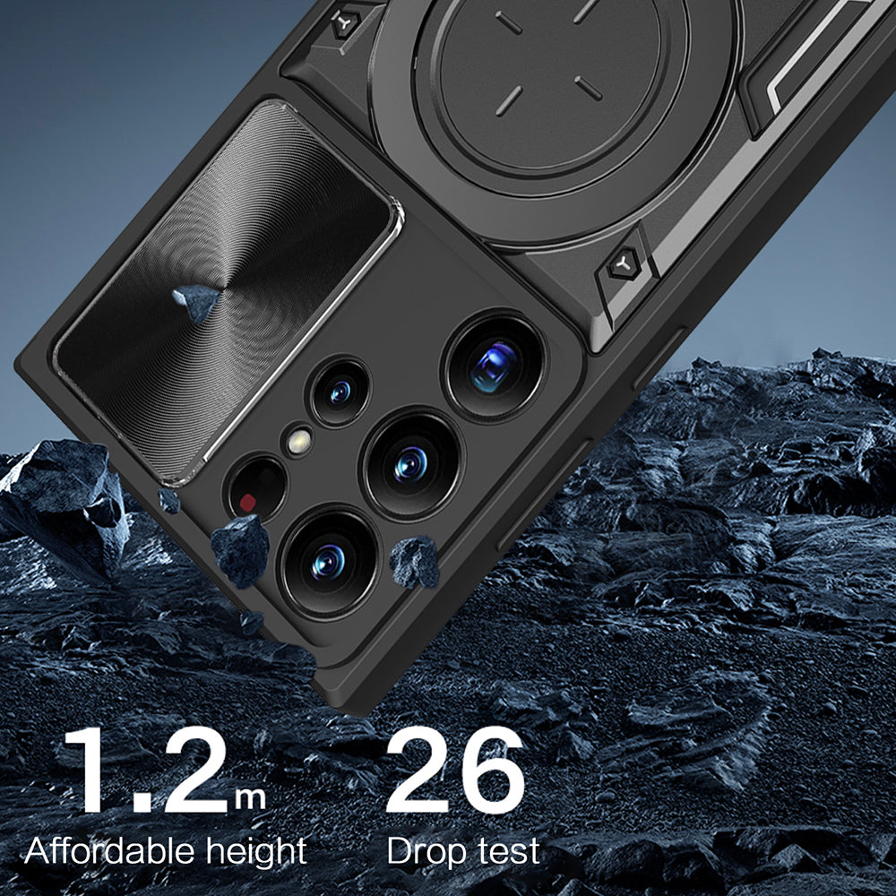 For Samsung Galaxy S22 Ultra 5G Slide Camera Lid PC TPU Back Cover Rotatable Ring Kickstand Phone Case