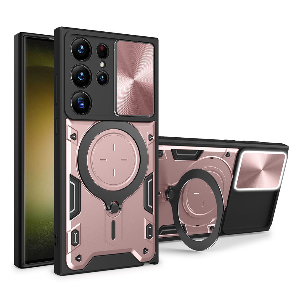 For Samsung Galaxy S22 Ultra 5G Slide Camera Lid PC TPU Back Cover Rotatable Ring Kickstand Phone Case