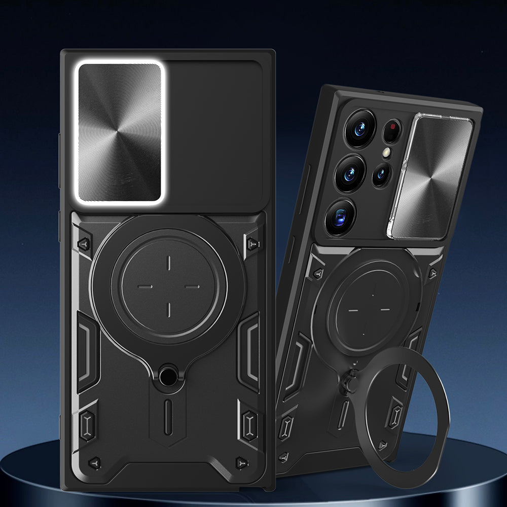 For Samsung Galaxy S22 Ultra 5G Slide Camera Lid PC TPU Back Cover Rotatable Ring Kickstand Phone Case