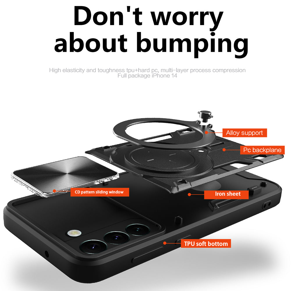 For Samsung Galaxy S22 5G Free Rotation Kickstand Phone Cover Slide Camera Lid PC TPU Anti-drop Case