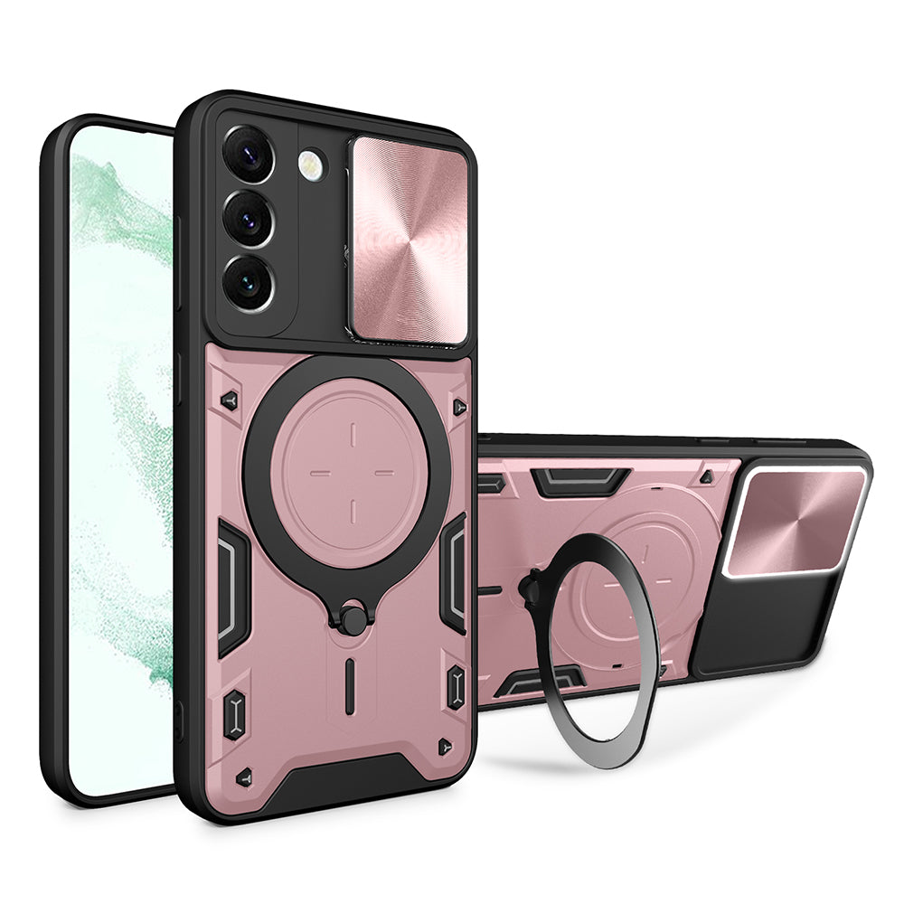 For Samsung Galaxy S22 5G Free Rotation Kickstand Phone Cover Slide Camera Lid PC TPU Anti-drop Case