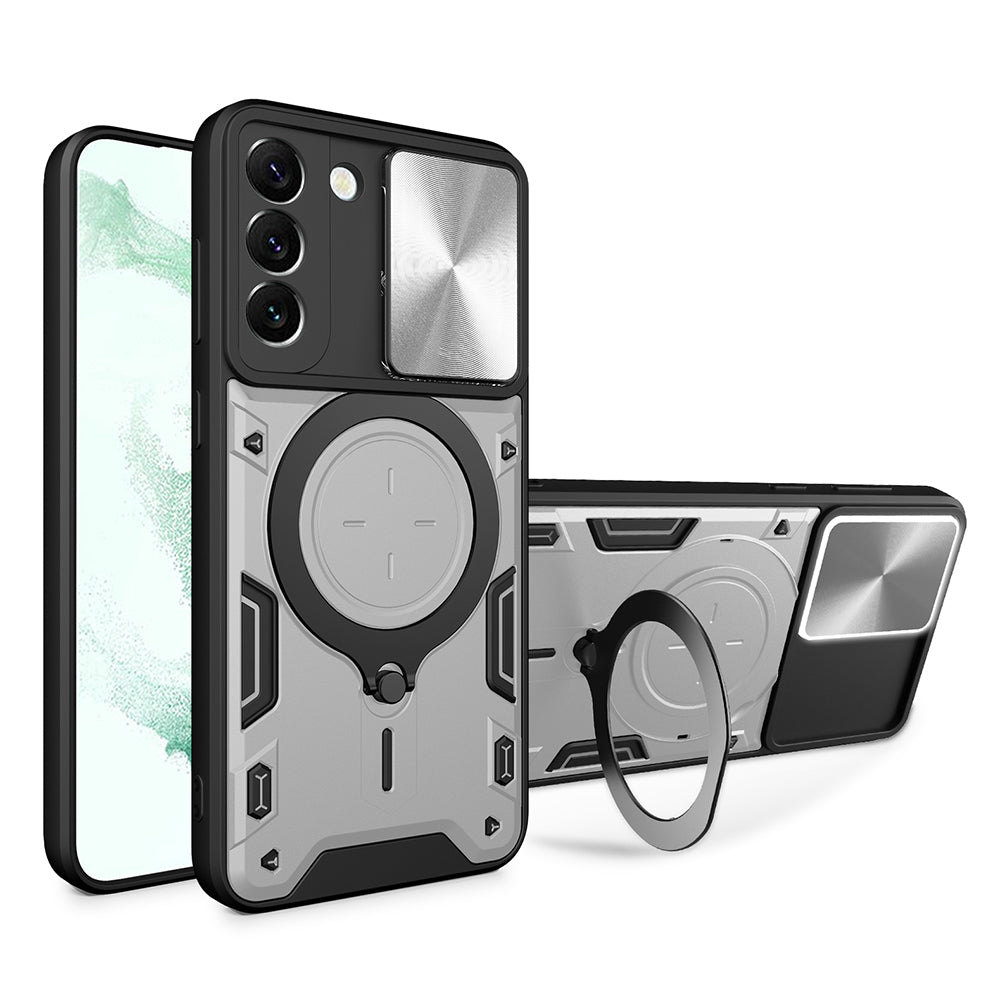 For Samsung Galaxy S22 5G Free Rotation Kickstand Phone Cover Slide Camera Lid PC TPU Anti-drop Case