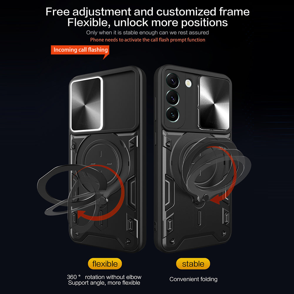 For Samsung Galaxy S22 5G Rotatable Kickstand Back Cover PC TPU Phone Case with Slide Camera Lid