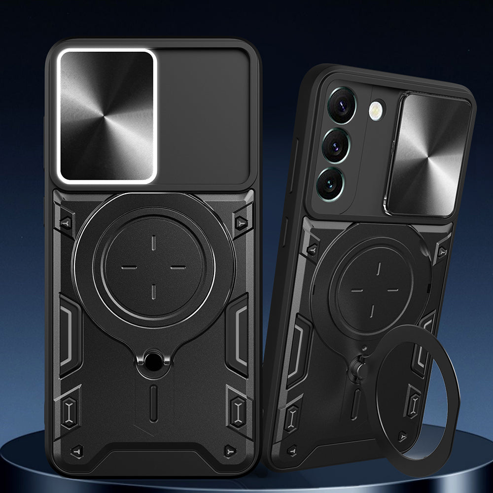 For Samsung Galaxy S22 5G Rotatable Kickstand Back Cover PC TPU Phone Case with Slide Camera Lid