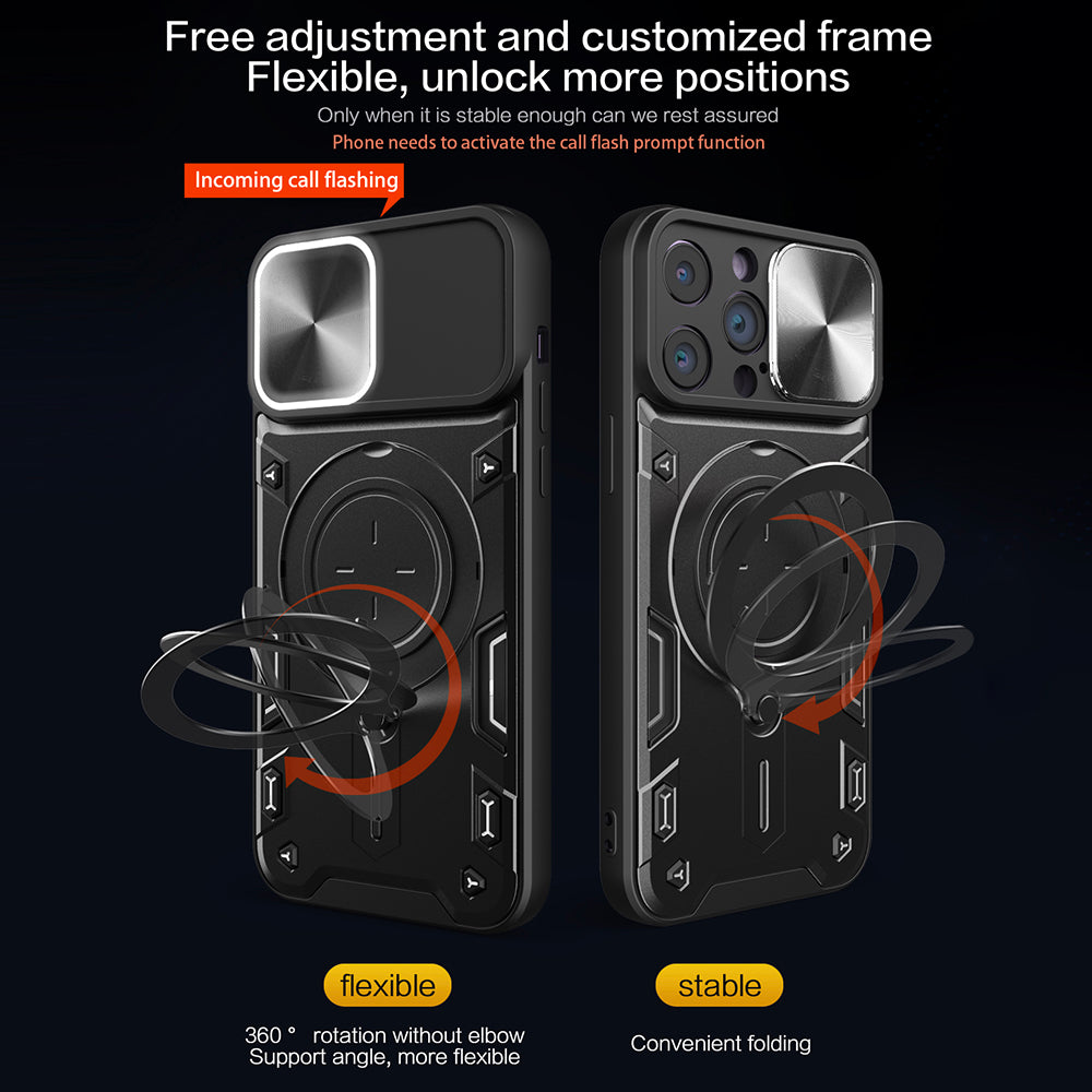 For iPhone 11 Pro Max Slide Camera Lid Drop-proof Cover Rotatable Kickstand PC + TPU Phone Case