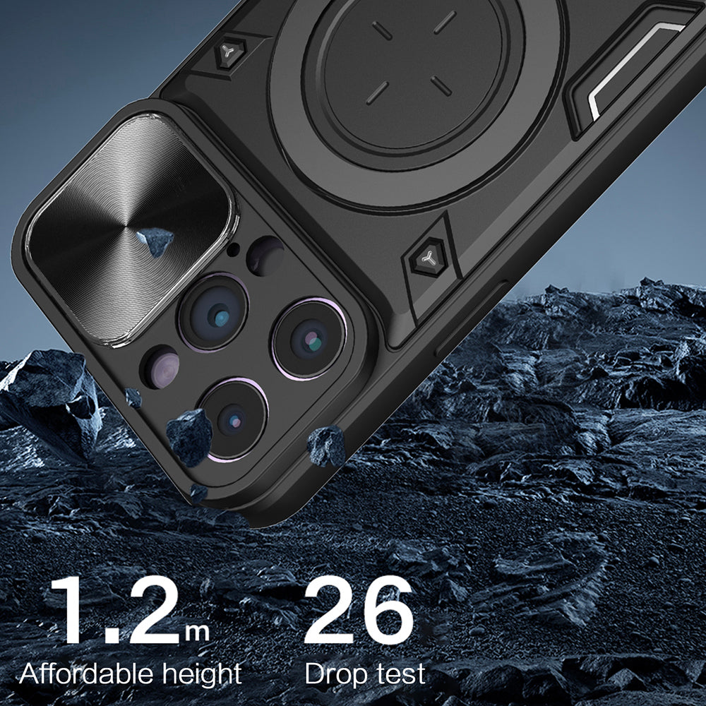 For iPhone 11 Pro Max Slide Camera Lid Drop-proof Cover Rotatable Kickstand PC + TPU Phone Case