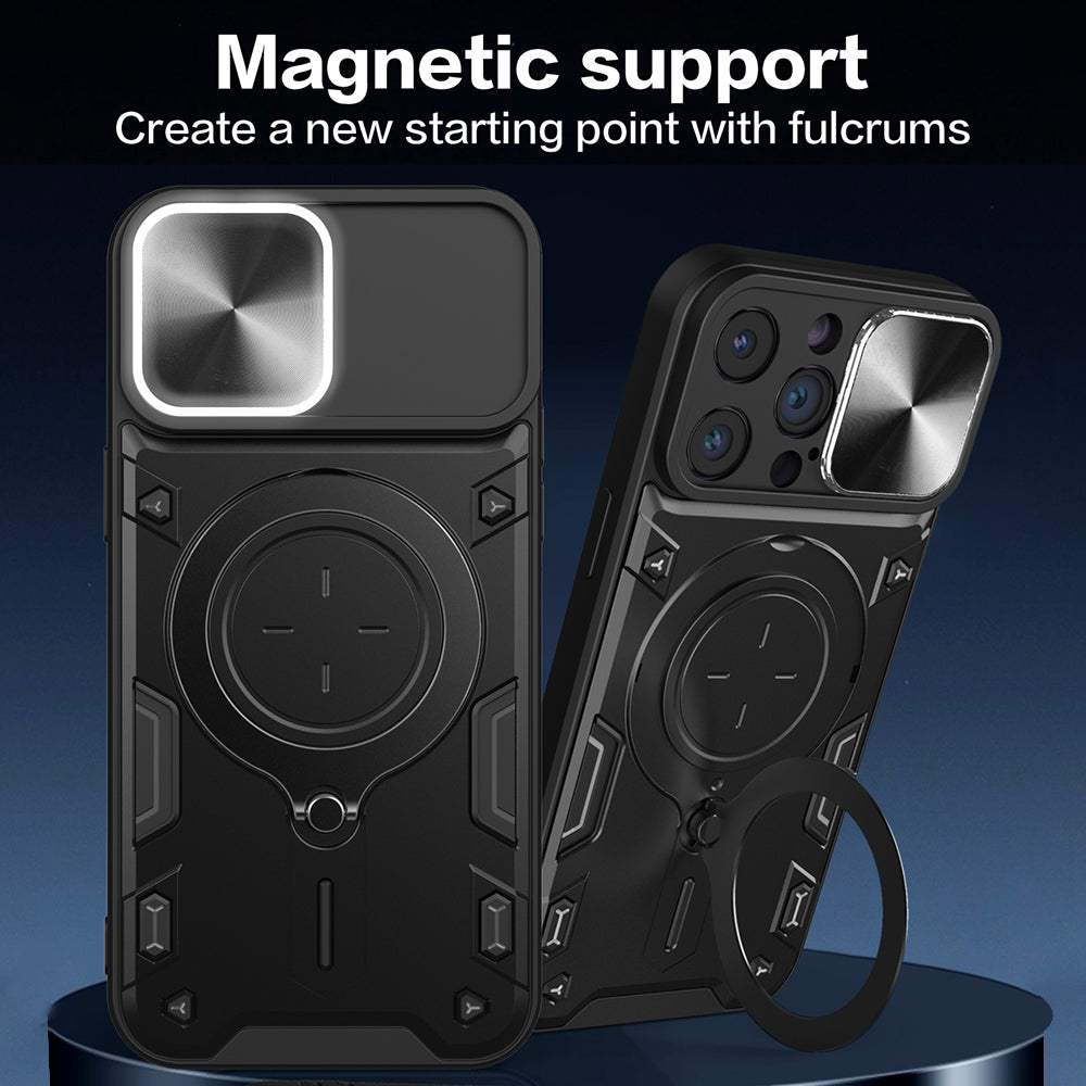 For iPhone 11 Pro Max Slide Camera Lid Drop-proof Cover Rotatable Kickstand PC + TPU Phone Case