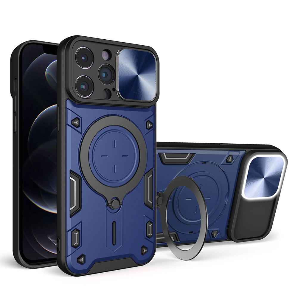 For iPhone 12 Pro Max 6.7 inch Slide Camera Lid Back Case Free Rotation Kickstand PC + TPU Phone Cover
