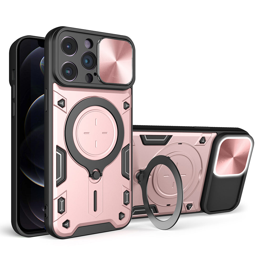 Til iPhone 12 Pro 6,1 tommer skydekameralåg Anti-ridsecover Roterbart Kickstand PC + TPU telefonetui