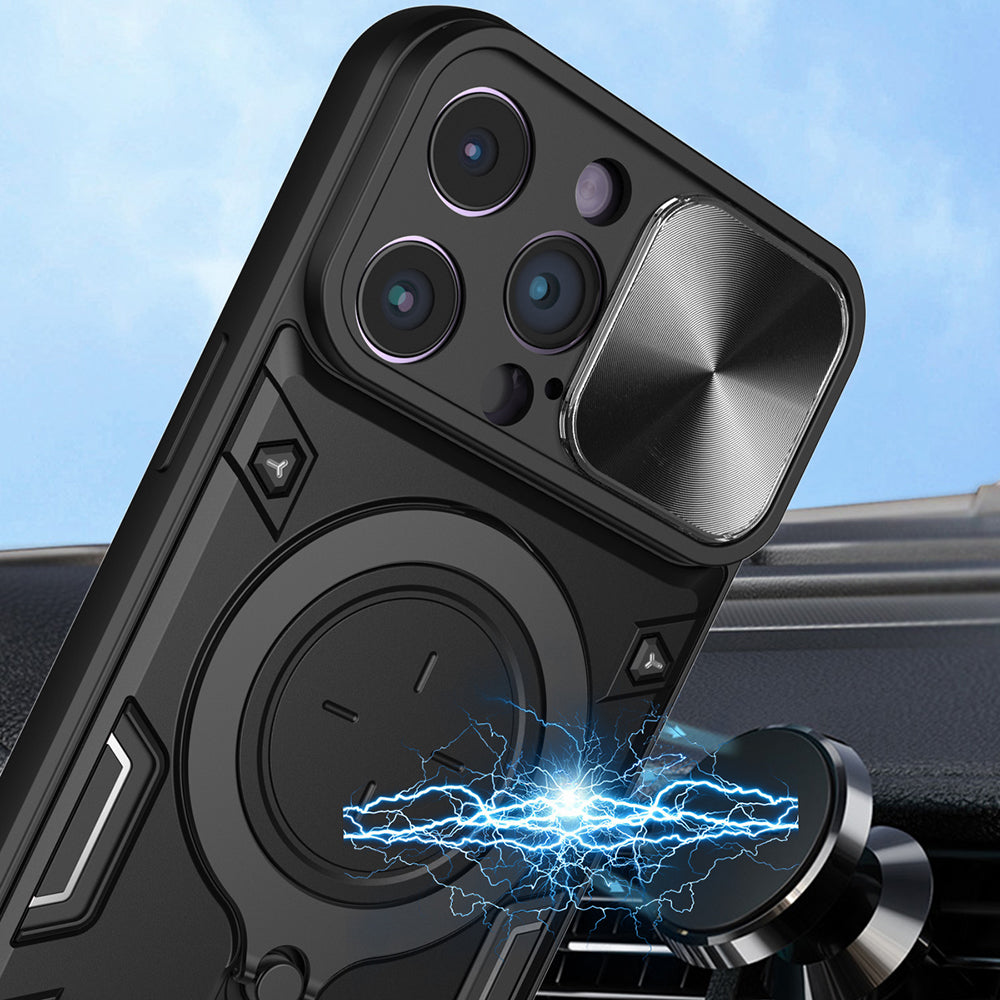 Til iPhone 12 Pro 6,1 tommer skydekameralåg Anti-ridsecover Roterbart Kickstand PC + TPU telefonetui
