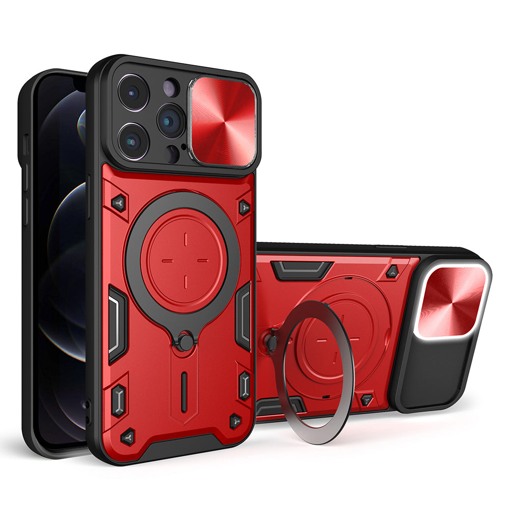 Til iPhone 12 Pro 6,1 tommer skydekameralåg Anti-ridsecover Roterbart Kickstand PC + TPU telefonetui