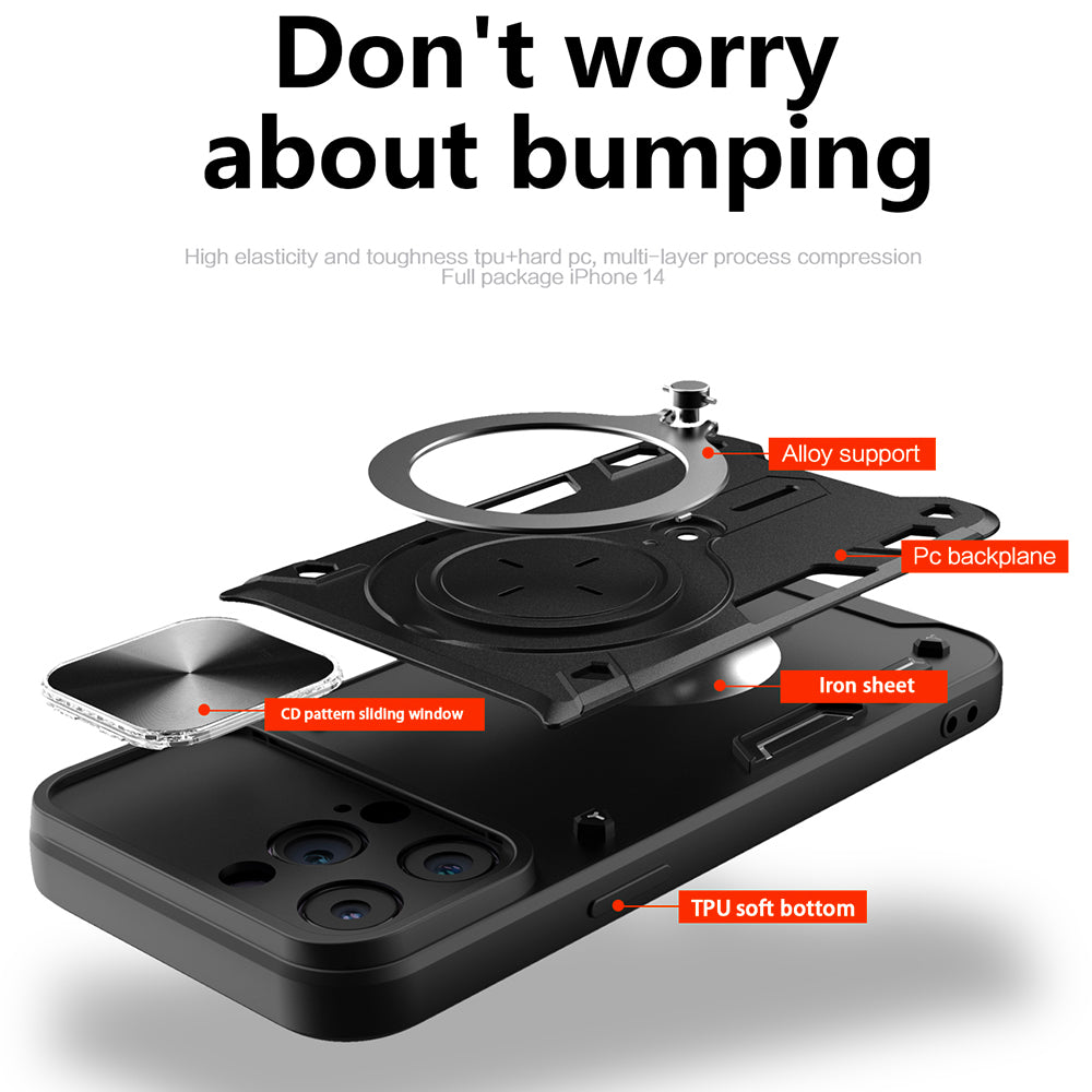 Til iPhone 12 Pro 6,1 tommer skydekameralåg Anti-ridsecover Roterbart Kickstand PC + TPU telefonetui
