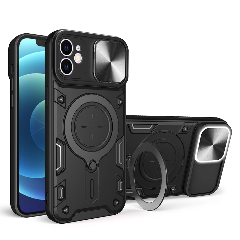 For iPhone 12 6.1 inch Slide Camera Lid Phone Case Rotatable Kickstand PC + TPU Shockproof Cover