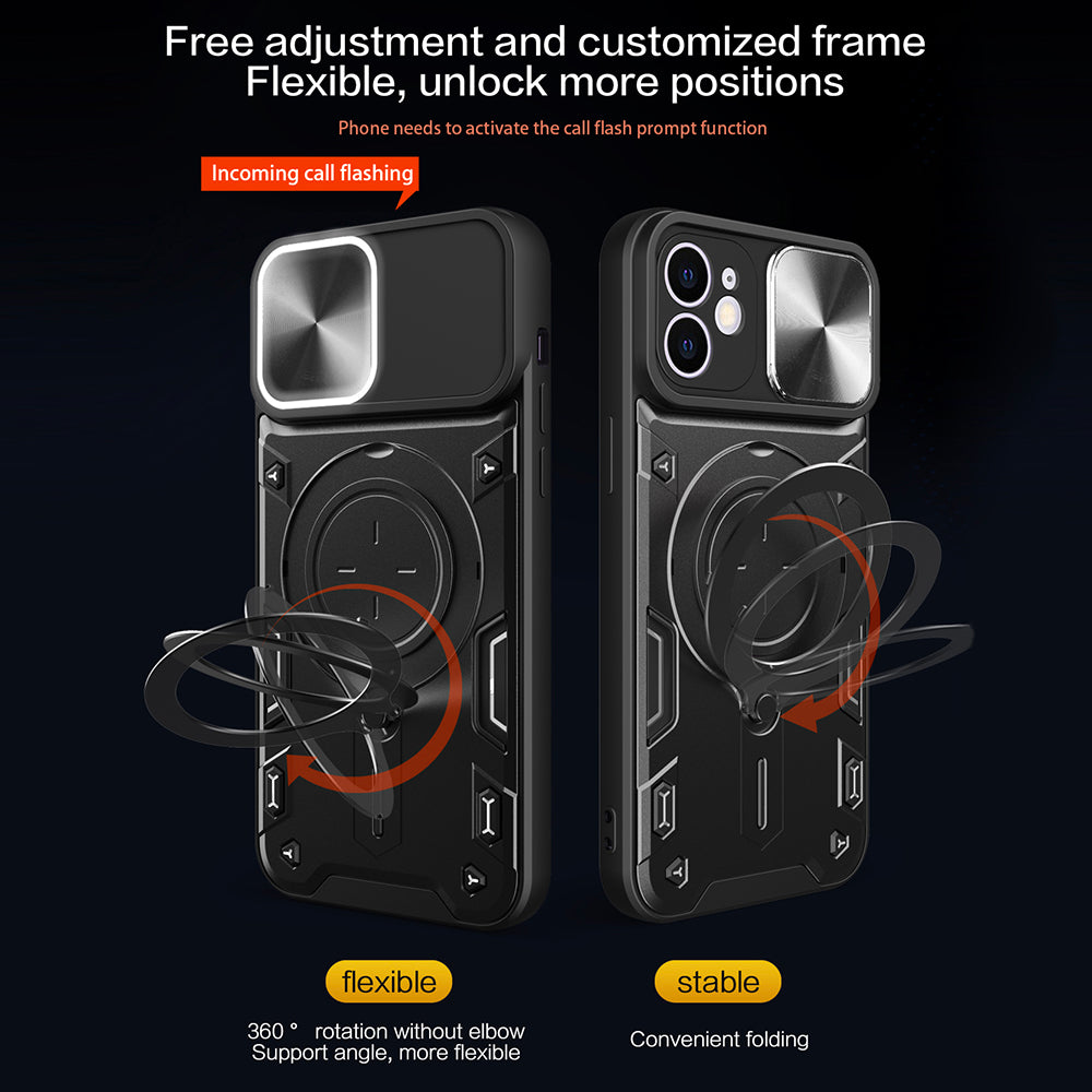 For iPhone 12 6.1 inch Slide Camera Lid Phone Case Rotatable Kickstand PC + TPU Shockproof Cover