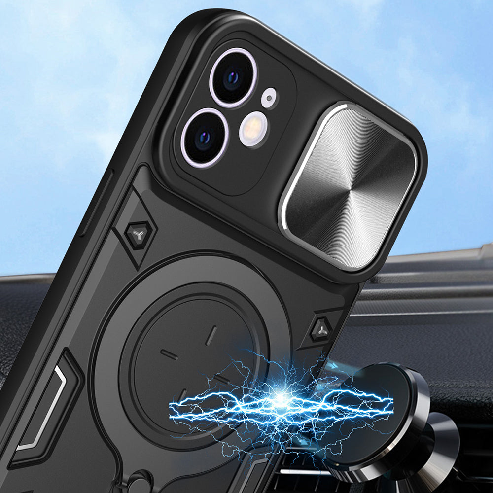 For iPhone 12 6.1 inch Slide Camera Lid Phone Case Rotatable Kickstand PC + TPU Shockproof Cover