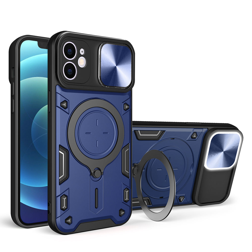 For iPhone 12 6.1 inch Slide Camera Lid Phone Case Rotatable Kickstand PC + TPU Shockproof Cover
